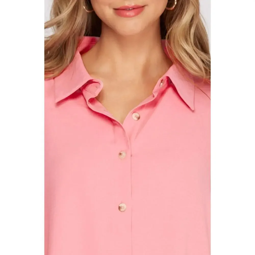 Rose Pink Button Down Blouse Balloon Sleeve Flowy Top Size Small - Picture 4 of 6